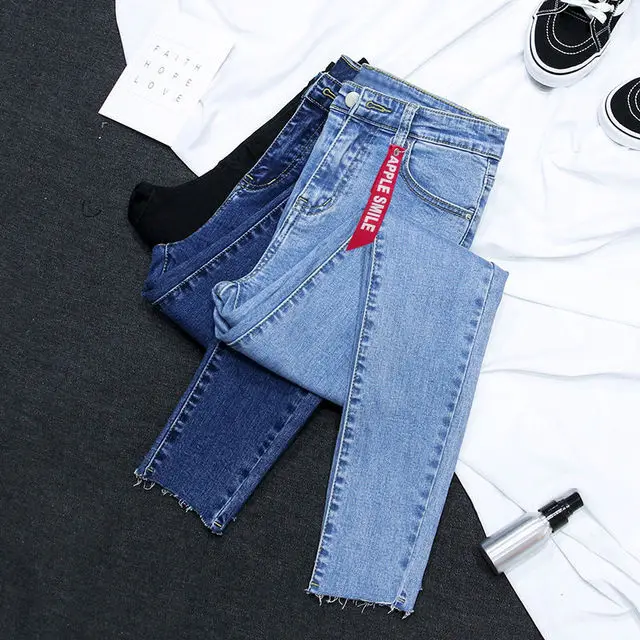 

2021 Mid Waist Raw Hem Women's Jeans Skinny Ankle Pants Pencil Jeans