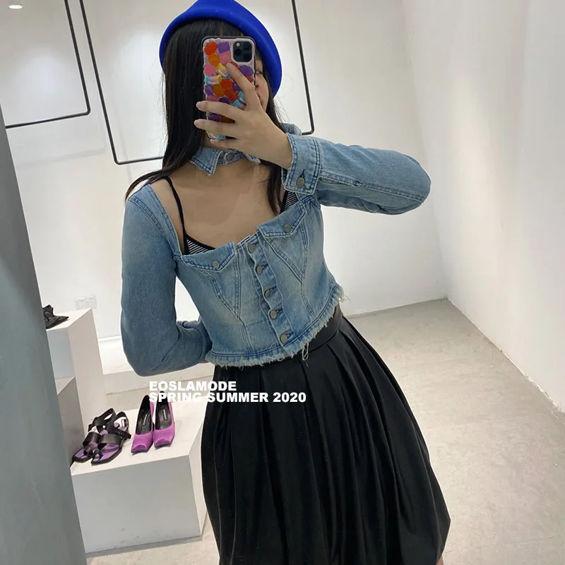 

Женская джинсовая рубашка с рукавами-фонариками, осенняя облегающая блузка с вырезом сердечком и пышными рукавами, 2020