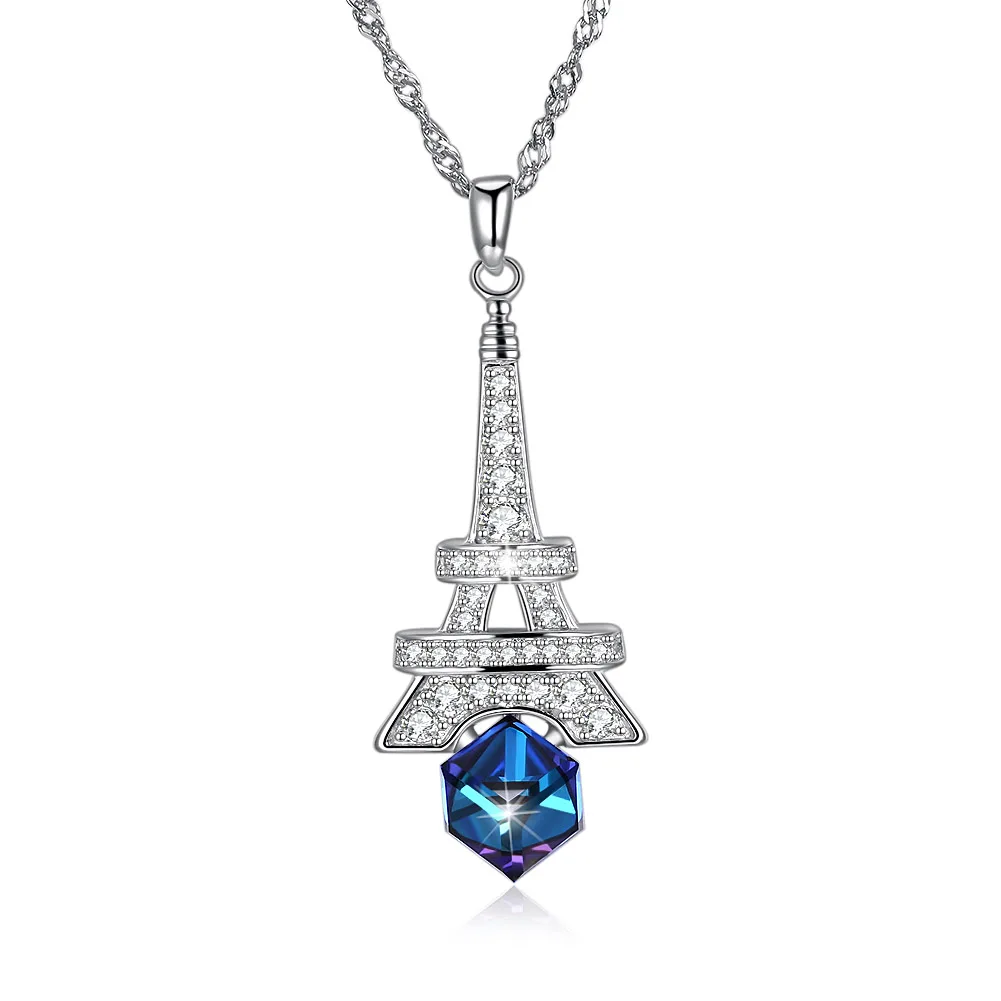 

ZEMIOR Women Necklace 925 Sterling Silver Eiffel Tower Pendant Necklaces Geometric Austria Crystal Romantic Anniversary Gift