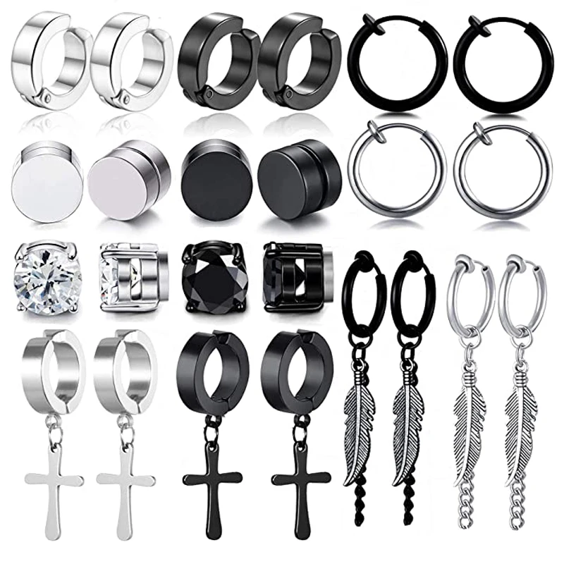 

12 Pairs of Stainless Steel Non-pierced Magnetic Earrings Men's and Women's CZ Clip-on Feather Pendant Earrings Set