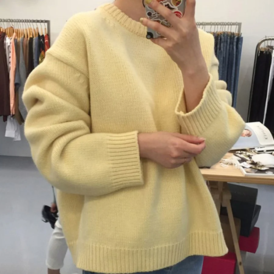

Женский трикотажный свитер SYJ, пуловер оверсайз из чистого хлопка в минималистичном стиле, зима-весна 2021