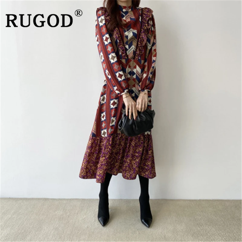 Женское винтажное платье RUGOD Длинное свободное макси с оборками и круглым