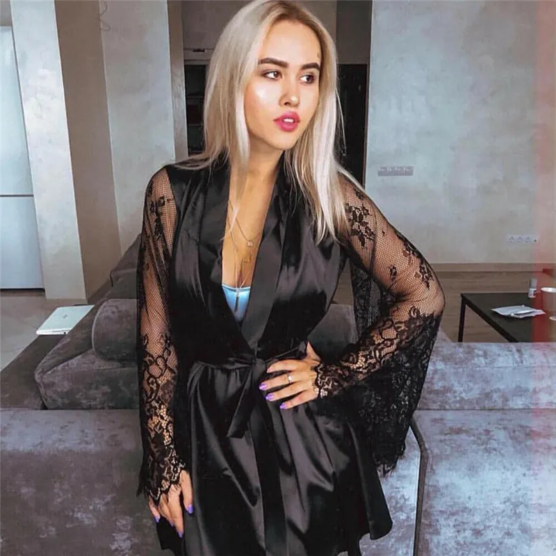 

Hirigin Sexy Deep V-neck Sleepwear New Lady Black White Lace See-through Long Sleeves Loose Nightdress Female Summer Hot Costume