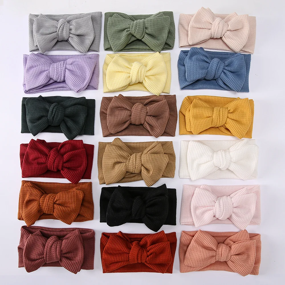 

2022 New Waffle Knit Big Bow Baby Turban Headband Infant Toddlers Hair Accessories Ear Warmer Double Layer Bandana Headwrap