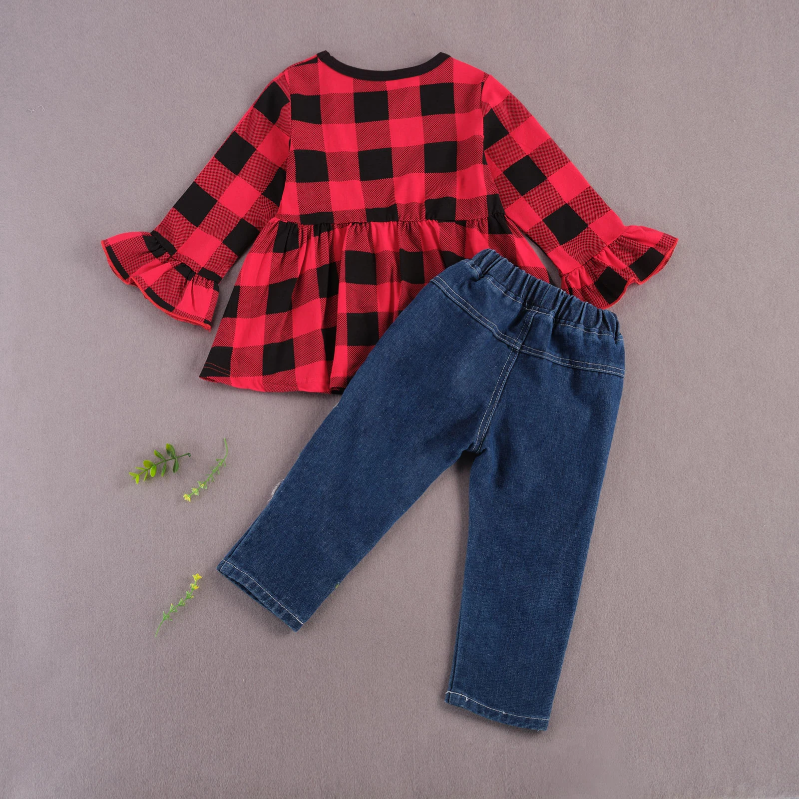 

Pudcoco 2020 Autumn 2-8Y Kids Toddler Baby Girl 2Pcs Set Red Plaid Dress-Style Flared Long Sleeve Top+Ripped Denim Pockets Pants