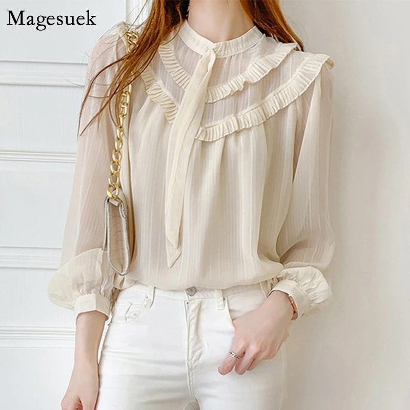 

2021 Autumn Ruffles Vintage Womens Blouses O-neck Loose Plus Size Shirt Women Office Lady Casual Chiffon Elegant Blouse 11246