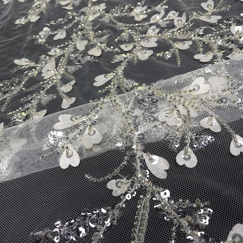 

Gorgeous Swiss African Floral Transparent Lace Beaded Embroidery Fabric Luxury White Sequin Evening Party Dress Sewing Material