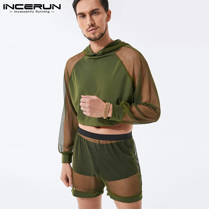

Комплект INCERUN мужской сетчатый в стиле пэчворк, с капюшоном и длинными рукавами, укороченные толстовки и шорты, 2021, уличная мода, модные мужс...
