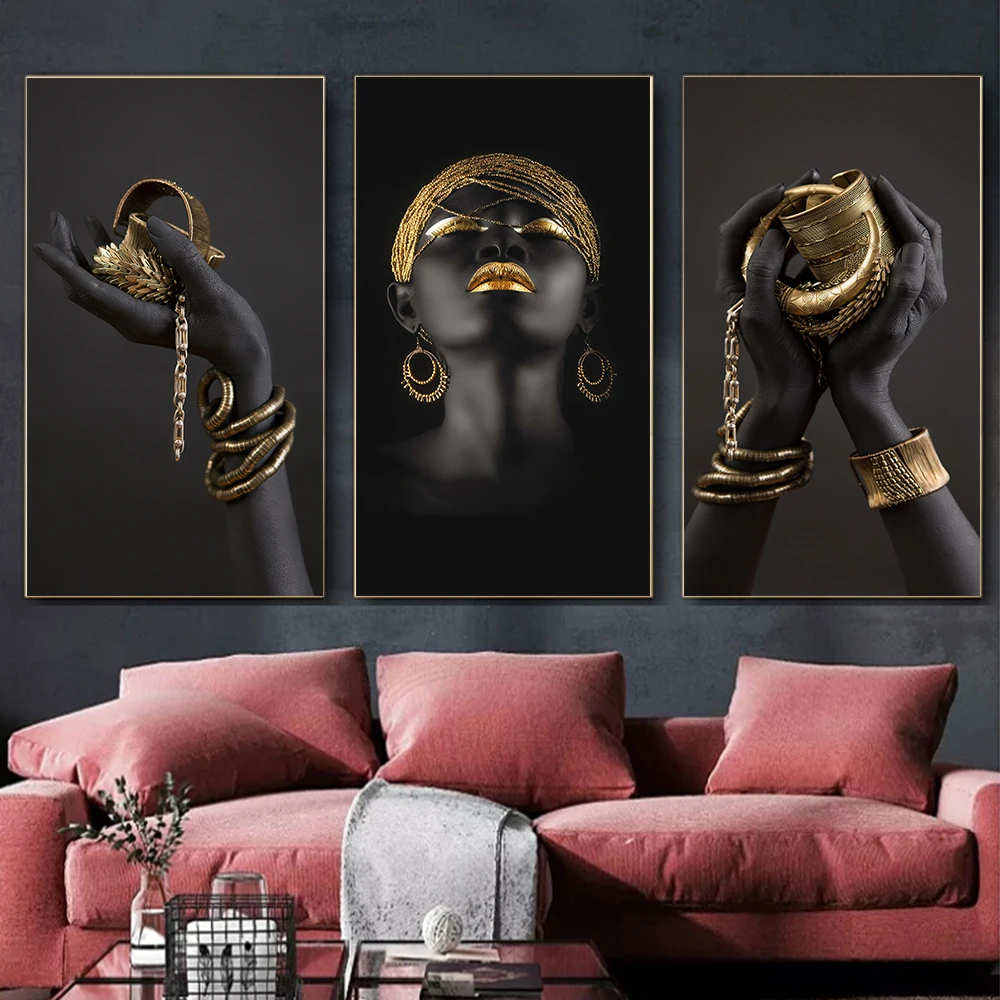 

African Woman Art Posters And Prints Black Hands Holding Golden Jewellery Art Canvas Painting Pictures Home Room Decor ArtWork