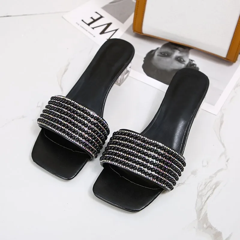 Summer Mid-heel Rhinestone Transparent Women's Slippers 2022 New Crystal High-heeled Sandals Fashionable Sexy Large Size 35- 45