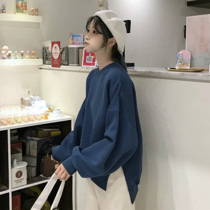 

Hoodies Women Plus Velvet Lantern Sleeve Letter Side-slit Designer Loose Warm Soft Korean Style Fashion Outwear Females Winter