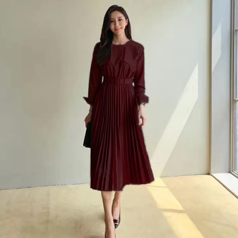 LANMREM 2020 Новое весеннее комбинированное плиссированное платье с круглым вырезом и