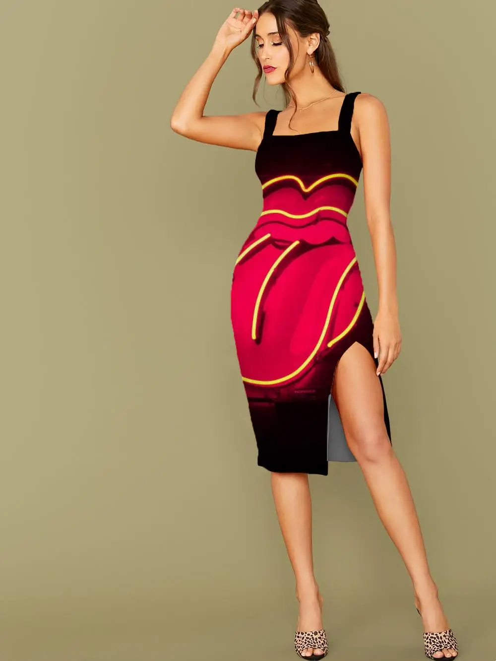 

Платье женское с объемным рисунком губ, сарафан с граффити, халтер без рукавов, пикантное вечернее мини-платье с Боковым Разрезом, в стиле Ха...