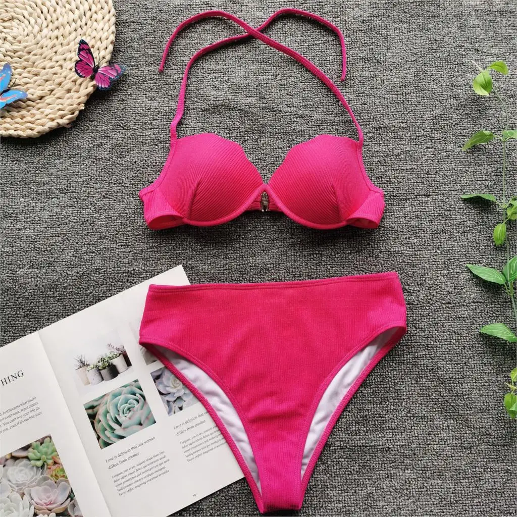 

Push up bikinis 2020 mujer Sexy shell swimsuit female Ribbed swimwear women High waist biquini Solid bathing suit 2 pieces