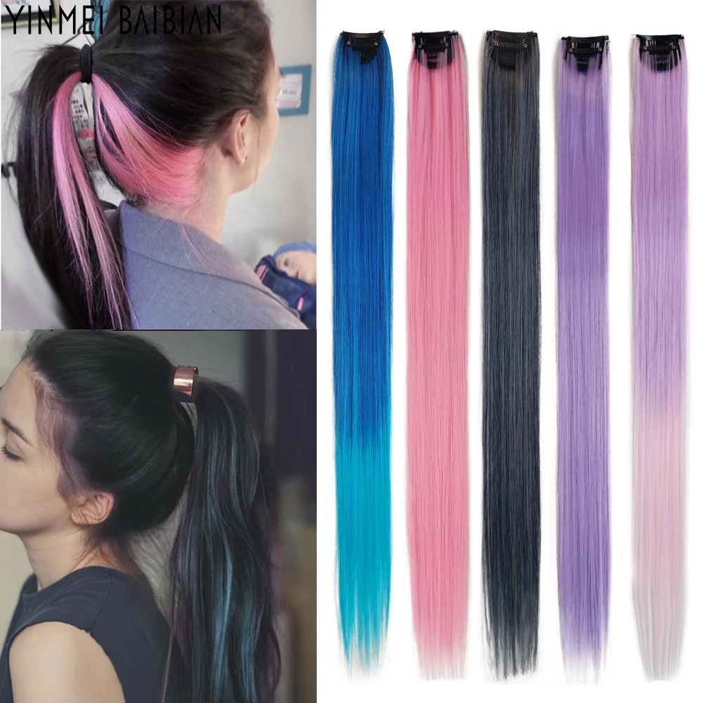 

22inch Long Synthetic Rainbow Hair Clip In One Piece Hair Extension 8PC/Set Grey Blue Purple Straight Colored Clips Hairpieces