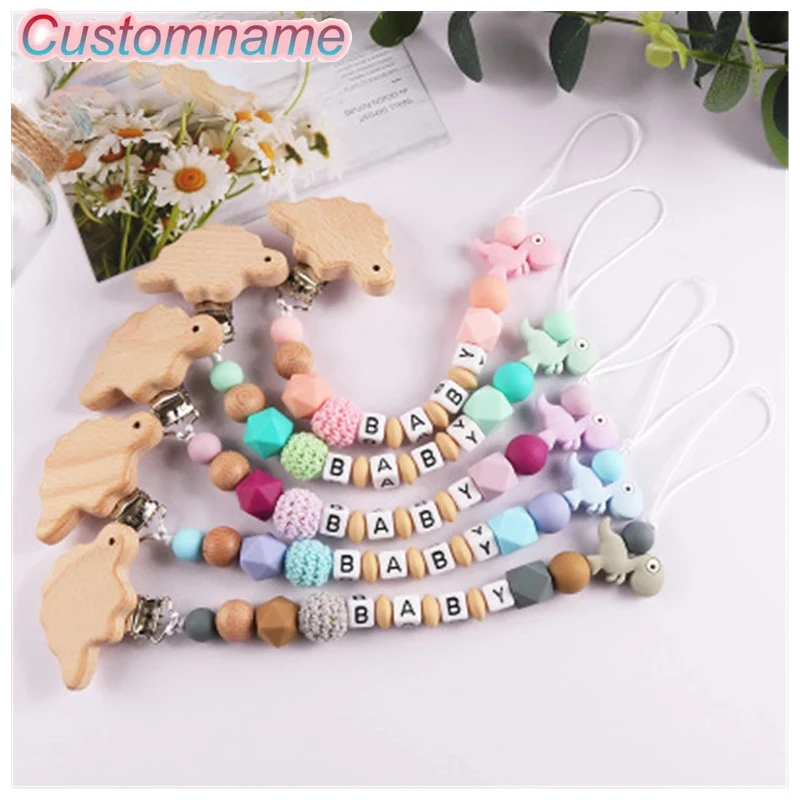 

1Pcs DIY Silicone Baby Pacifier Custom Personalised Name Silicone Pacifier Clips Natural Beech Dinosaur Silicone Crochet Beads