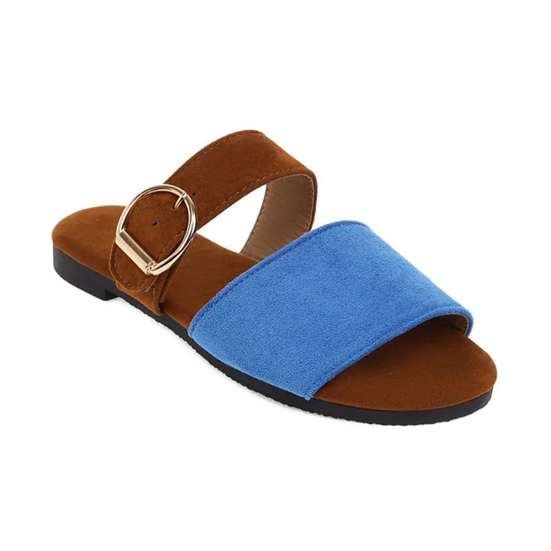 

Sandals Flat Heel Round Head Color Matching Metal Buckle Decorative Slides Women Shoes Summer 2021 New Fashion Plus Size Sandals