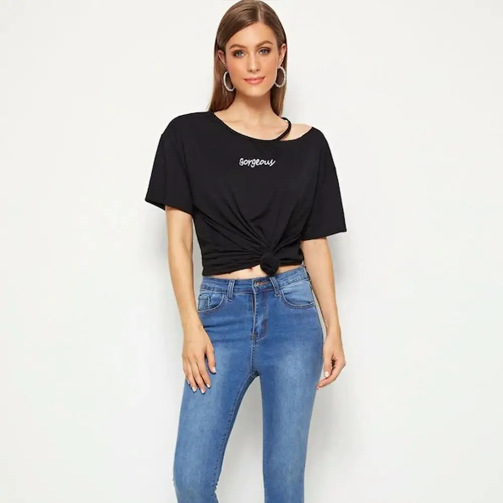 Женская модная дизайнерская простая короткая футболка однотонный студенческий