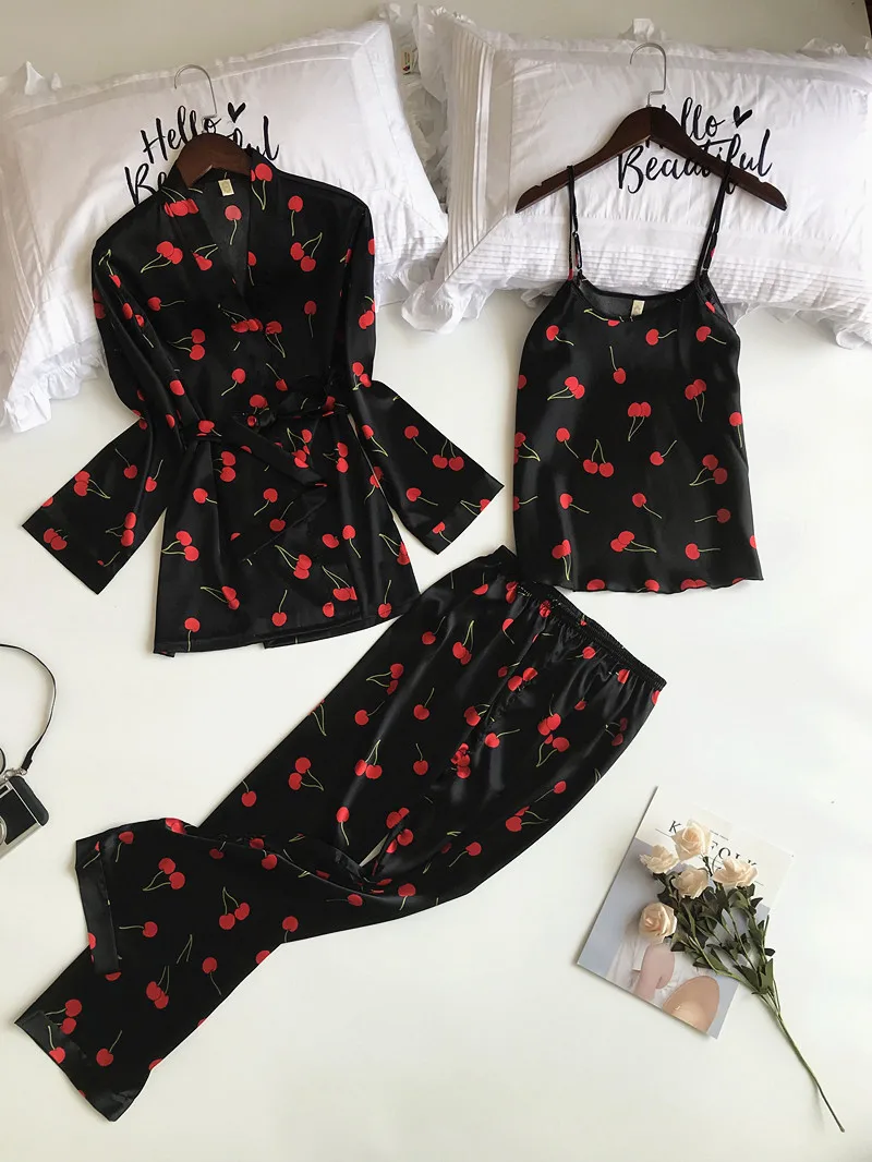 Женская пижама из трех предметов черная шелковая атласная Домашняя одежда