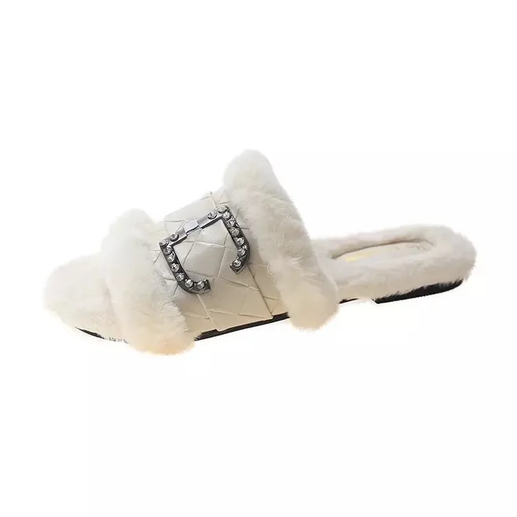 

Winter Women Plush Slippers Fluffy Fake Fur Slides Warm Cotton Slippers Fashion Flat Indoor Flip Flops Ladies Furry Fur Shoes
