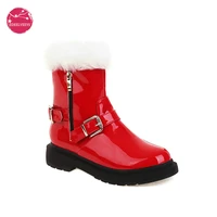 2021 fashion red patent leather faux fur wool women ankle winter lolita boots casual warm shoes sweet princess cosplay party