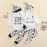lioraitiin 0 18m newborn infant baby boy girl 3pcs letter paw print long sleeve round neck playsuit trousers knotted hat
