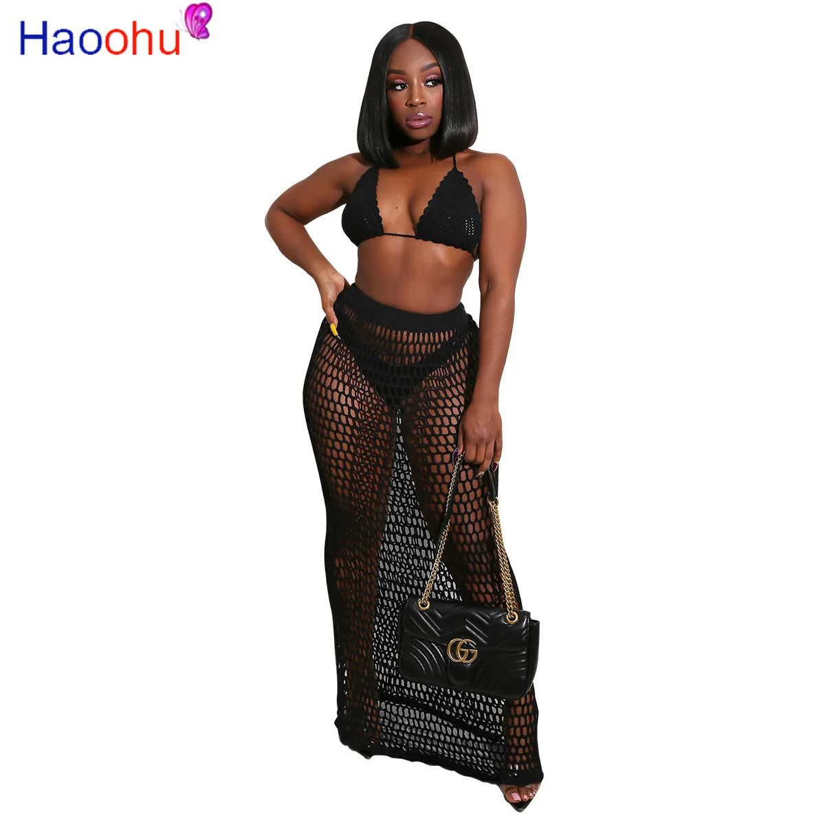 

HAOOHU/сексуальный ажурный комплект из двух предметов ручной вязки, женский летний укороченный топ, костюмы с длинной юбкой, пляжная одежда, ко...