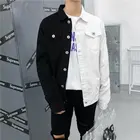 Джинсовая куртка мужская приталенная, уличная одежда в стиле пэчворк, хлопковая Повседневная Верхняя одежда в стиле хип-хоп, черная белая