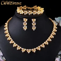 cwwzircons 3pcs luxury shiny bridal wedding cz leaf flower bracelet necklace and earrings dubai gold jewelry set for women t476