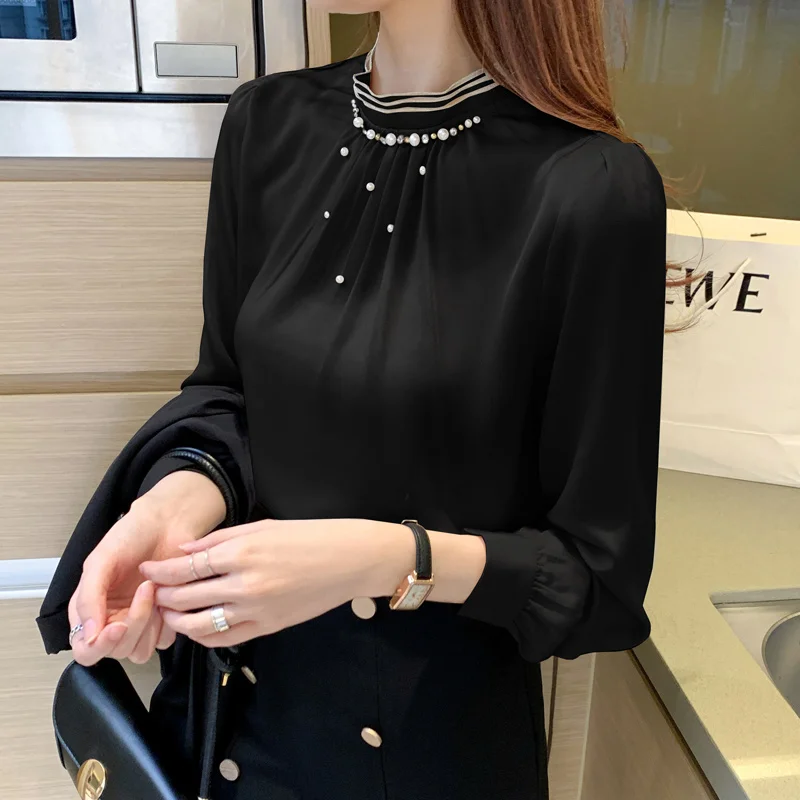 Autumn Long Sleeve Blouse Women Blusas Mujer De Moda 2021 Beading Stand Collar Chiffon Shirt Top Clothes Blusa D537 | Женская одежда