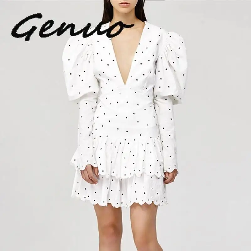 

Genuo New 2019 Summer Polka Dot Dress For Women V Neck Puff Sleeve High Waist Ruffles Mini Dresses Female Fasihon Clothing 2019