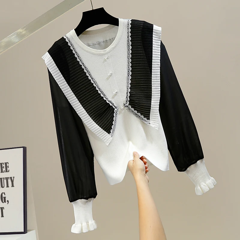 

Fashion Contrast Color Chiffon Sleeve Sweater Slimming All-Match Knitwear for Women Winter Sweaters Jacket Female Knitting Shirt