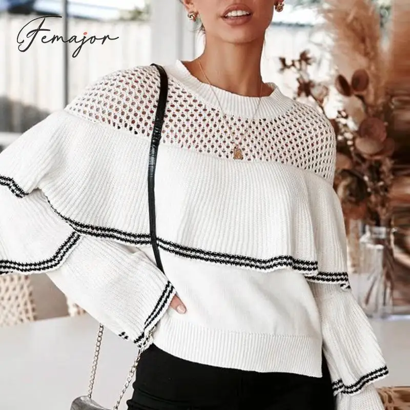 Femajor Women Fashion Hollow out Ruffle Knit Tops Female 2019 Autumn Winter Long Sleeves Jumper Sweater White Lady Pullover | Женская