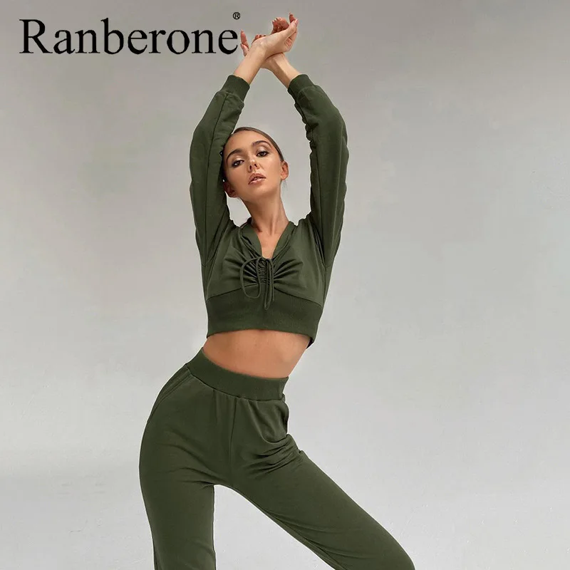 Ranberone 2 PCS Women's Tracksuit Sexy Drawstring Crop Top Pants Women High Waist Loose Trousers Gym Fitness Sport Suit Female