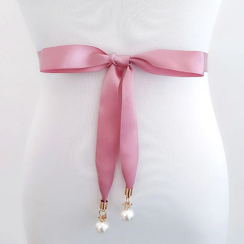 

Women Fashion Belts Girdle Thin Pearl Pendant Belt Rope for Dresses Tassel Waistband Belt Knot Decorated Narrow Ribbon 2021