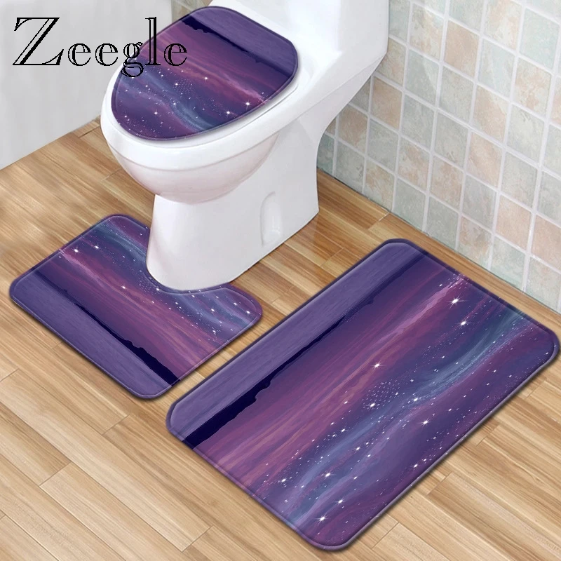 

Zeegle Printed Bath Mat Set Shower Room Non-slip Doormat Flannel Bathroom Floor Carpet Set 3pcs Toilet Rug Set Toilet Seat Cover