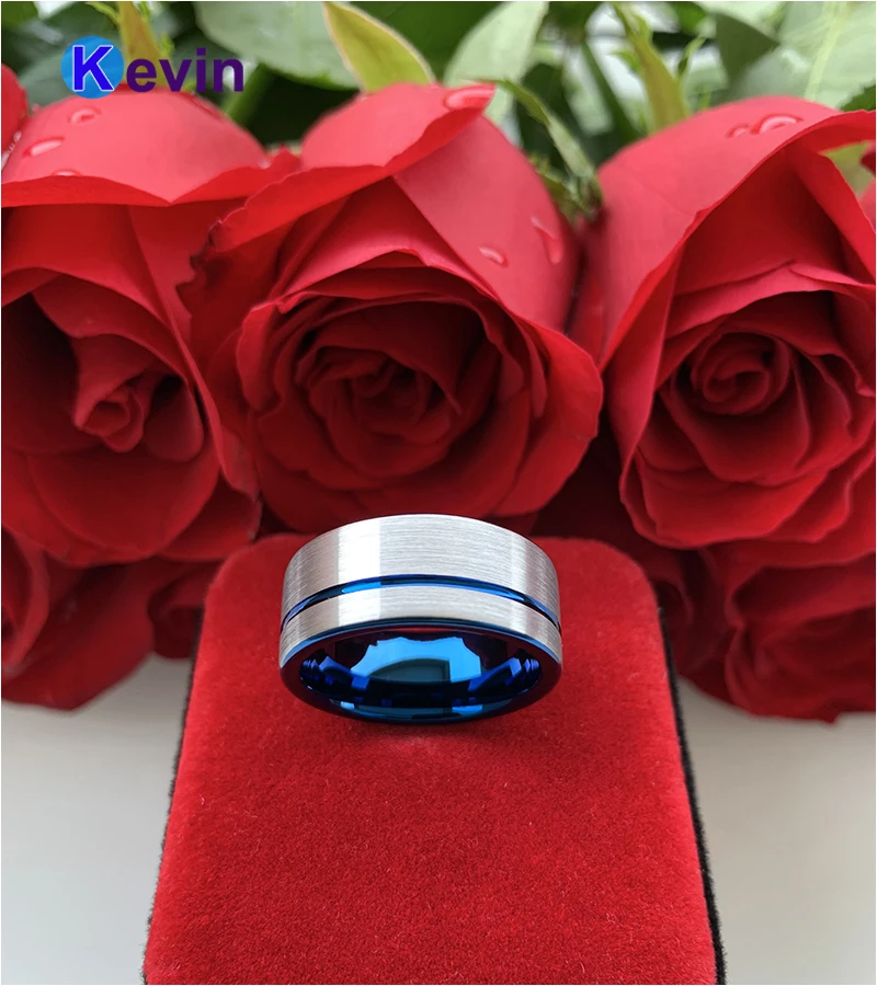 Синий Для мужчин кольцо Вольфрам s обручальное офсетная печать паз Ширина 10 мм