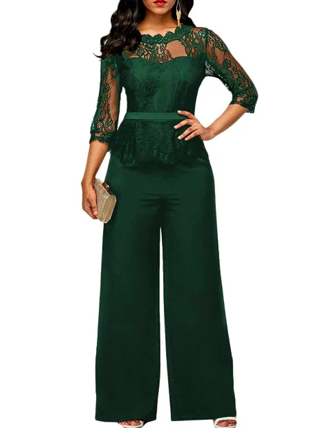 Elegant Sexy Jumpsuits Women Long Sleeve Lace Patchwork Loose Trousers Wide Leg Pants Rompers Holiday Leotard Overalls | Женская одежда