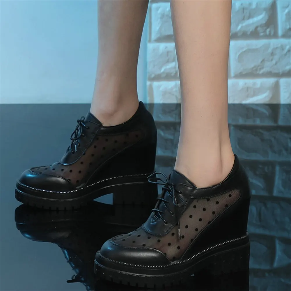 Summer Fashion Sneakers Women Genuine Leather High Heel Ankle Boots Female Breathable Lace Round Toe Platform Pumps Casual Shoes