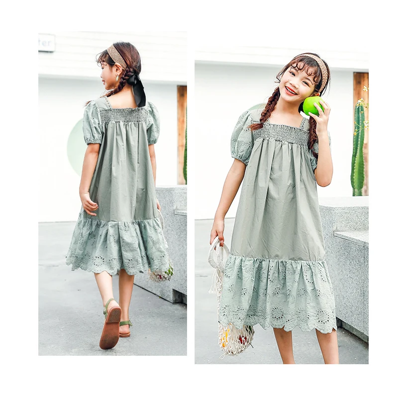 

Green Vintage Long-Dress Age For 4 - 14 Years Teenage Girls Casual Simple Dress 2021 New Summer Children Clothes Kids Frocks