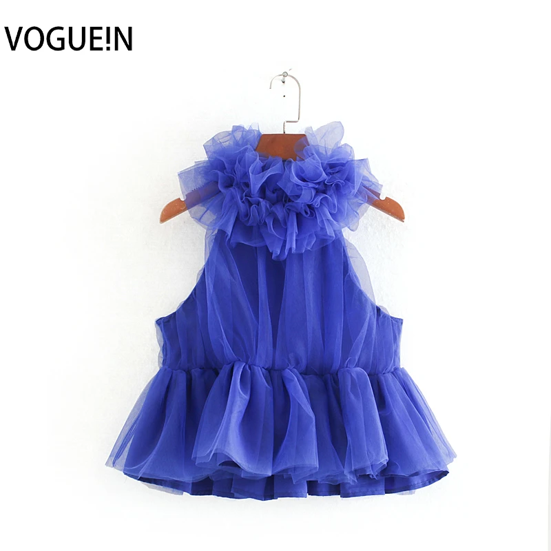 VOGUEIN новые женские сексуальные гофрированные водолазки без рукавов сетка синий