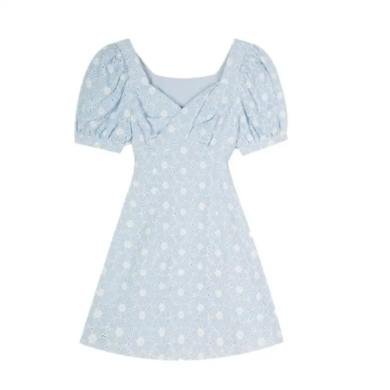 

Square collar, bubble sleeve, broken dress, female, 2021, summer, salt, sweet, little waist, thin waist, a short skirt.[Finished