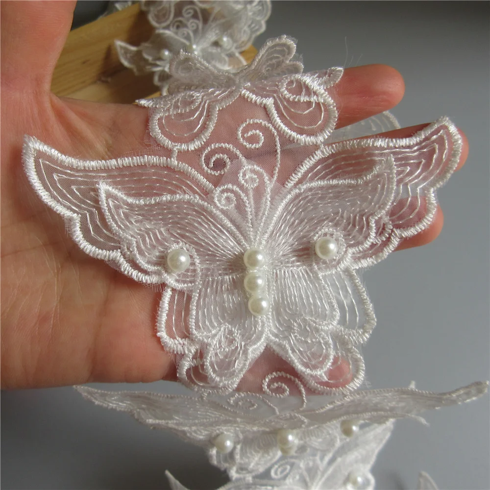 1 ярд белая жемчужная бабочка вышитая кружевная отделка Лента ткань лоскутное