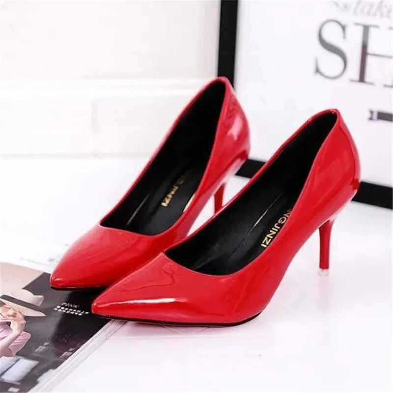 Купи 2021 Sexy Women Shoes Red Pointed Toe Pumps Patent Leather Dress Shoes High Heels Boat Shoes Wedding Shoes Zapatos Mujer за 374 рублей в магазине AliExpress