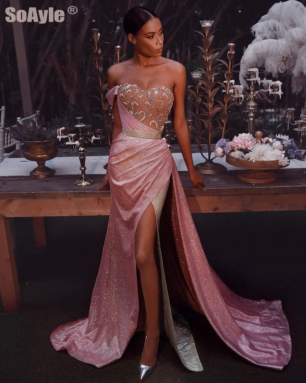 

SoAyle African Evening Party Dresses Sexy Side Split Strapless Long Evening Dress 2020 Beading Mermaid Evening Dress for Women