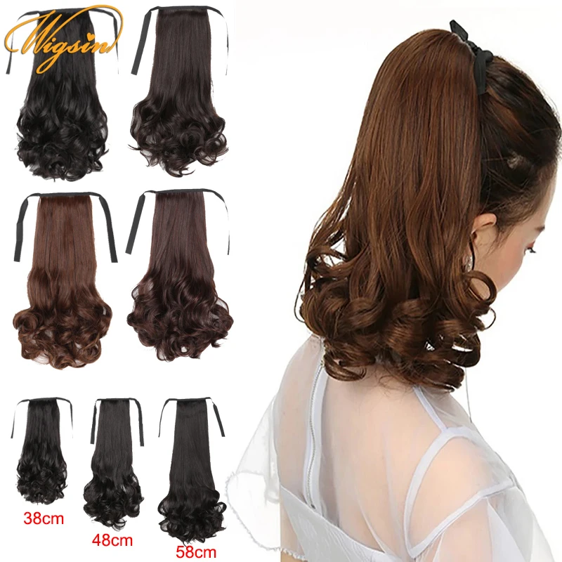 

WIGSIN Long Wave Curly Synthetic Drawstring Ponytail Clip In Hair Extension Black Brown Hairpiece For Women 3 Style