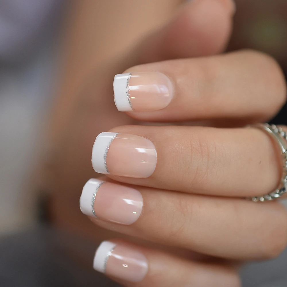 Medium Round French Nail Natural Sliver Boundary Press On Finger Nails Jelly Simple Daily Acrylic Tips 24Pcs | Красота и здоровье