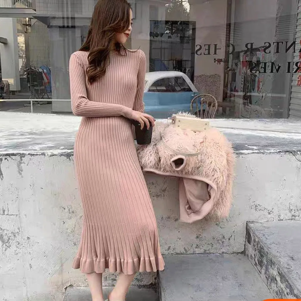 

Зимнее дизайнерское платье-свитер «рыбий хвост», женские вечерние платья в полоску, Элегантные вязаные платья для офиса, женское платье