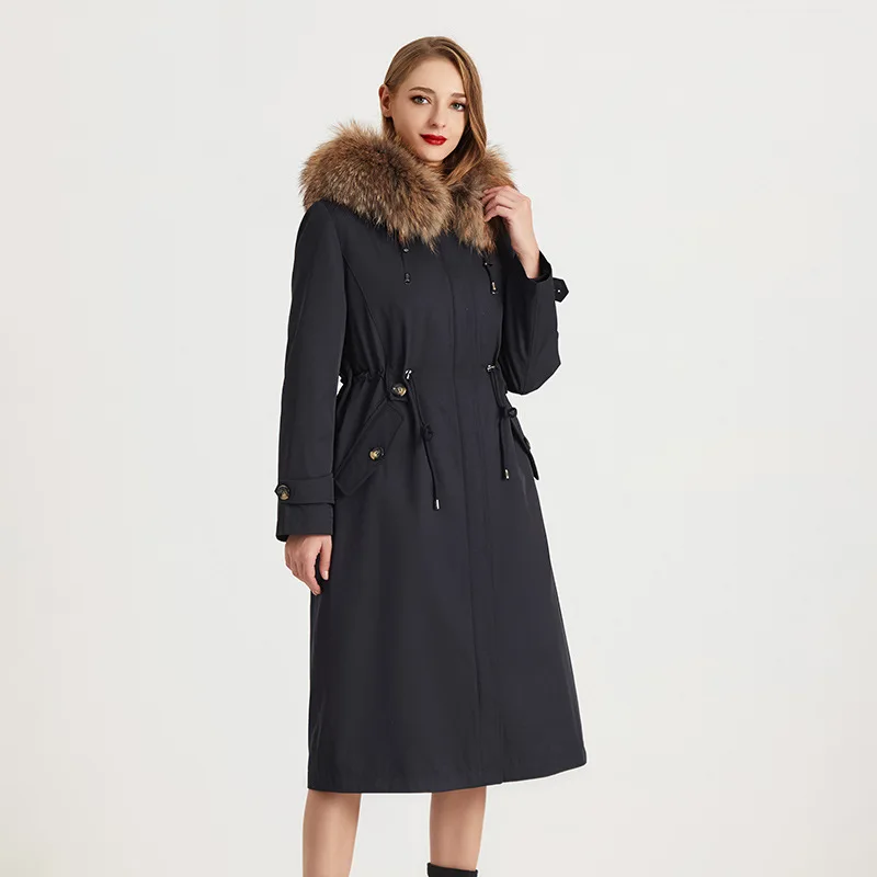 Rex Rabbit Overcoat Black Tea-Length Pockets Real Fur Coats With Detachable Raccoon Dog Collar Winter Clothes Women 2020