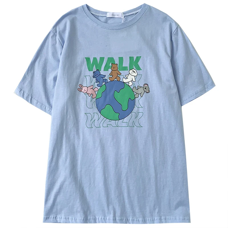 

Protect the Earth Home Cute Cartoon Print Summer Round Neck Loose Thin All-match Short Sleeve T-shirt